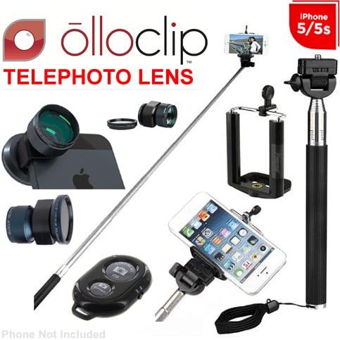 olloclip Telephoto & Circular Polarizing Lens System for iPhone 5/5s, iPod Touch Gen. 5 - Slate Lens on Black Clip (OCEU-IPH5-TCP-B) & Noot Extendable Selfie Stick + Bluetooth Wireless Remote Bundle