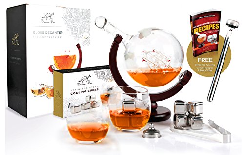 Whiskey Decanter Globe Set World Etched Liquor Spirits Scotch Bourbon Vodka Rum Whiskey Tequila Globe Decanter - Stainless Steel Ice Cubes, Whiskey Glasses, Tongs, Funnel, Beer Chiller - 1000ML
