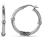 LeCalla 925 Sterling Silver Bali Hoop Earrings for Women | Antique Balinese Beaded Hoop Earrings | Balinese Rope Pattern Click-Top Hoops Earring | Two-Tone Bohemian Tribal Bali Hoop Earrings