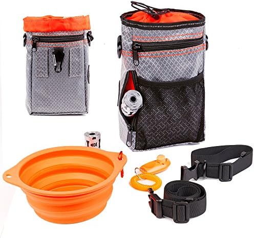 Dog Food Training Bag Treat Pouch - with Garbage Bag, Silicone Collapsible Travel Bowl, Pet Clicker, Waist Belt Shoulder, Built-in Waste Bag Dispenser - Travel Walking Bag (Grey)