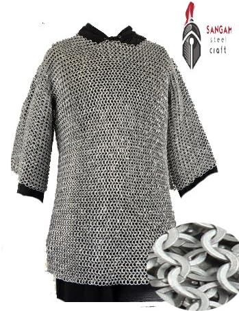 Sangamsteelcraft Medieval Haubergeon Armour Chainmail Shirt 10 mm Aluminum Flat Riveted With Washer Half Sleeve