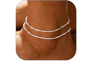 TOSGMY Gold Silver Ankle Bracelets for Women, 14K Gold Anklets for Women Waterproof Cuban Figaro Link Gold Anklet Set Layered Glitter Ankle Bracelet Silver Anklets for Teen Girls Jewelry Gift