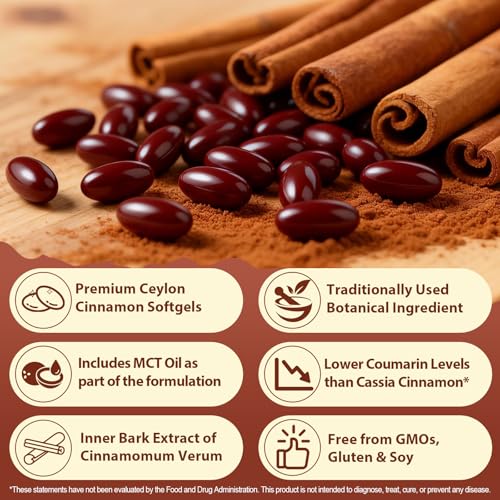 Ceylon Cinnamon Softgels with MCT Oil – Premium Botanical Bark Extract for Daily Wellness Support – High Absorption Formula – Non-GMO, Gluten-Free & Soy-Free – 120 Softgels