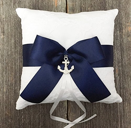 Nautical White Lace Navy Satin Bow Rhinestone Anchor Wedding Bridal Ring Bearer Pillow - Thumbnail 2