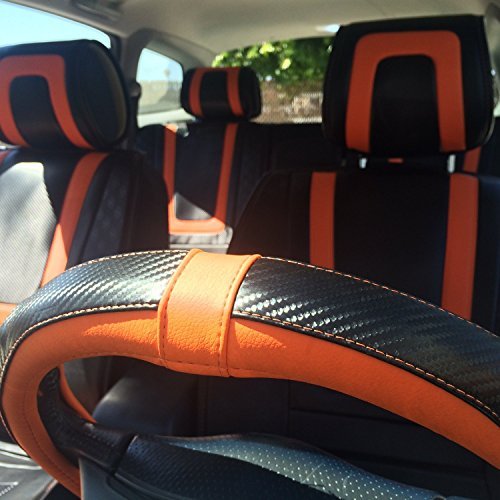 Circle Cool 34031 Orange & Black Carbon Fiber Style PVC Leather Seat Cover Combo with Steering Wheel Cover Seat belt Cover Shift Knob Cover