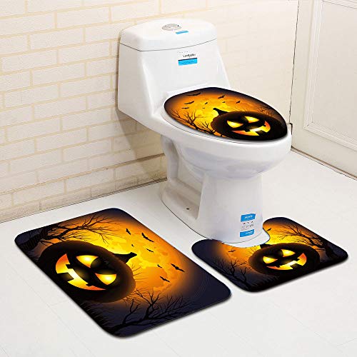 lotus.flower 3-Piece Rug Set, Bath Mat Carpet Water Absorbentâ”ƒBathroom Rug Mat Non-Slip â”ƒHalloween Horror Toilet Seat Cover and Rug Bathroom Set (A)