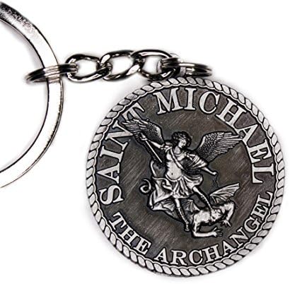 30 mm Dia St Michael Prayer Coin Keychain - Silver Antique