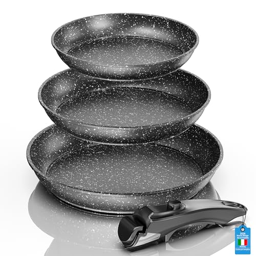 Kiseely Set of 3 Non-stick Frying Pans, Removable Handle, Non-stick Coating, Healthy and Non-Toxic Frying Pan, Induction and Gas,Dishwasher Safe (ED2)