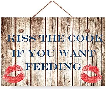 buythrow Kiss the Cook If You Want Feeding Wood Hanging Sign Rustic Wall Art Decor for Kitchen 8x12 Home Accessory Gifts