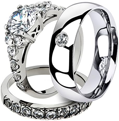 His &amp; Her 3 Pc Stainless Steel 2.50 Ct Cz Bridal Set &amp; Men Zirconia Wedding Band Women's Women's Size 08 Men's Size 07