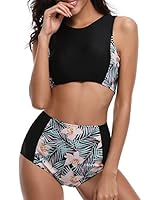 Tempt Me Women 2 Piece Floral Print Patchwork Racerback Crop High Waisted Bikini Black M
