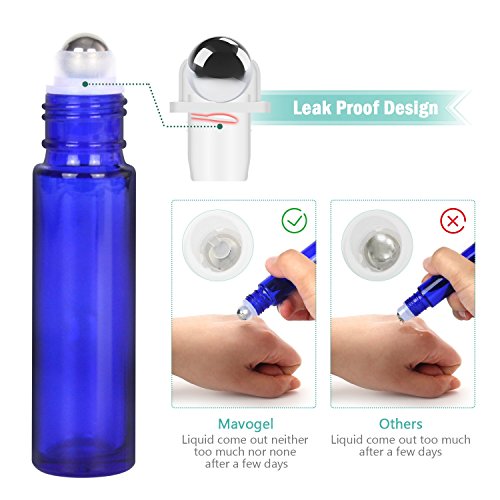 6,10ml Roller Bottles for Essential Oils - Cobalt Blue, Glass with Stainless Steel Roller Balls by Mavogel (3 Extra Roller Balls, 24 Pieces Labels, Opener, Funnel, Dropper, Brush Included)
