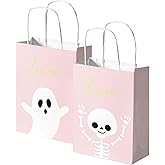 Joliaco 24pcs Pink Halloween Paper Gift Bags with Handles Cute Ghost and Skeleton Treat Bags Little Boo Candy Goodie Bag for Halloween Birthday Party Supplies