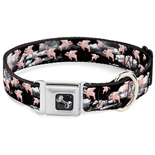 Buckle-Down Seatbelt Buckle Dog Collar - Flying Pigs Black/White/Pink - 1.5