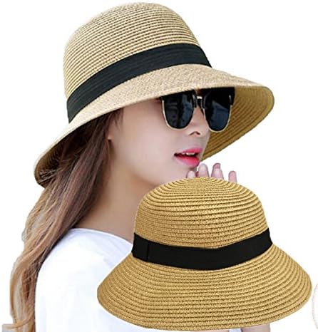 Womens Straw Hat Floppy Foldable Roll up Summer Beach Cap Sun Hat UPF 50+ (Color-1)