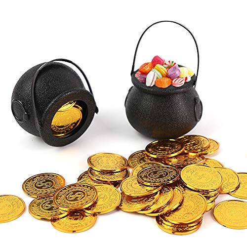 FUTUREPLUSX Mini Black Candy Cauldron Kettles, 2PCS Plastic Candy Kettles Party Decoration Supplies for Halloween with 50 Plastic Gold Coins