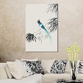 Canvas Wall Art of Blue Bird On Branch Oriental Style | 12x18 inches
