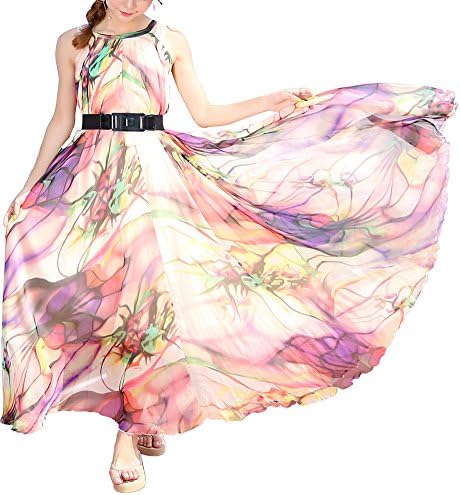 LISTONE Women Summer sleeveless print Maxi casual chiffon dress Purple powder L