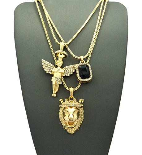 Micro Colorful Gemstone, Angle, Lion Pendant 24",30" Box Chain 3 Necklace Set Gold Tone RC1413G (Black)