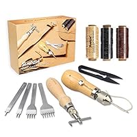 Leather Sewing Kits SIMPZIA Leather Stitching Tools, Leather Tools and Supplies with Hand Stitcher Sewing Awl Kit, Adjustable Stitching Groover, Prong Punch for Leather Craft