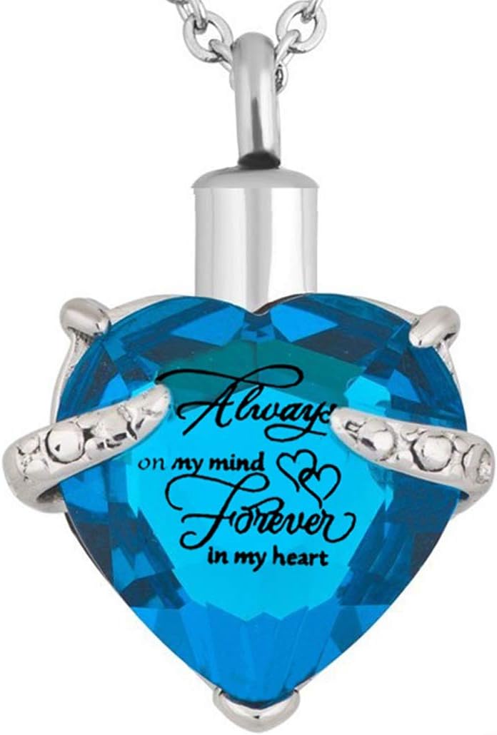 PREKIARHeart Cremation Urn Necklace for Ashes Urn Jewelry Memorial Pendant with Fill Kit and Gift Box - Always on My Mind Forever in My Heart