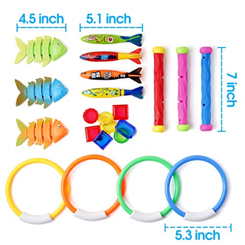 Ranphykx 22 Pack Underwater Swimming/Diving Pool Toys Diving Rings(4 Pcs), Toypedo Bandits(4 Pcs), Diving Sticks(3 Pcs), Fish Toys (3 Pcs) with Under Water Treasures (8 Pcs) Gift Set Bundle