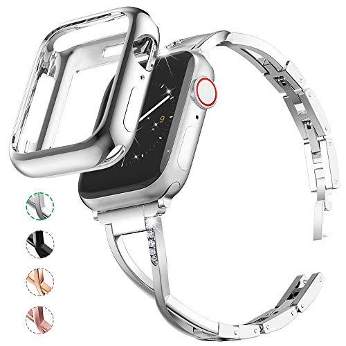 Marge Plus Compatible with Apple Watch Band 38mm 40mm with Case, Women Bling Wristband for iWatch Series 5 4 3 2 1 Metal Stylish Strap, Silver