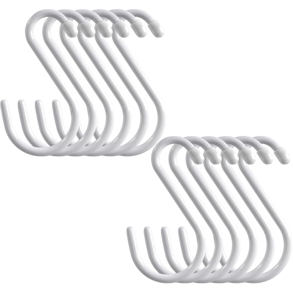 Cozihom 15.2cm Heavy Duty Vinyl Coated S Hooks, Black Rubber Coated S Hooks, Extra Thick Non Slip Metal S Hanger for Closet, Garden, Garage, Kitchen Hanging, White, Pack of 12