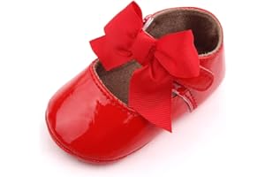 Clowora Infant Toddler Baby Girl Dress Shoes Mary Jane First Walking PU Leather Princess Wedding Rubber Sole Non-Slip with Bowknot Floral Flats