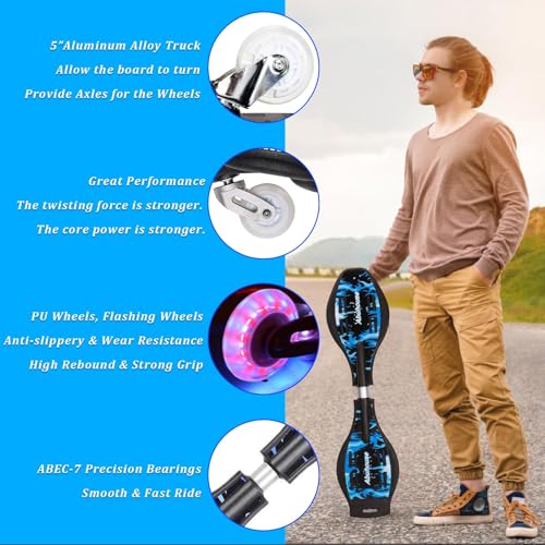 Magnitt Caster Board, Deluxe Junior Skateboard with Illuminating Wheels for More Excitement,Fun and Visibility, Twistboard for Kids 8+, Upgrade Color