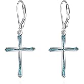 POPLYKE Turquoise Cross Earrings for Women 925 Sterling Silver Cross Turquoise Dangle Earrings Religious Jewelry for Women