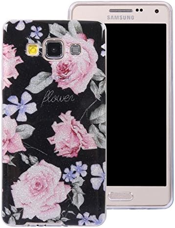 Galaxy A3 2015 Bling Case,Glitter Case for Samsung A3 2015,Leeook Pretty Creative Lovely Sparkle Black Pink Rose Flower Pattern Design Soft TPU Back Cover Shockproof Shining Fashion Style Silicone Gel Case Cover Bumper for Samsung Galaxy A3 2015 + 1 x Free Black Stylus