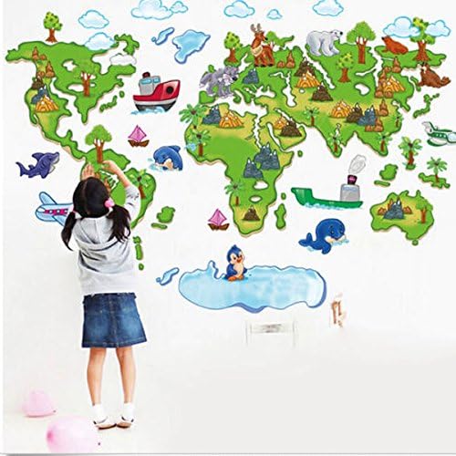 Cartoon Plane Animal Green World Map Removable Wall Sticker Home Decor // De dibujos animados plano animal verde mapa del mundo etiqueta de la pared de la decoración del hogar