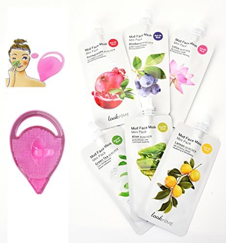Korean Natural Mud Face Mask with Kaolin, Collagen and Fruit Extracts - 6 pieces 30 gm each Bundle with Free Silicon Facial Brush - 1 piece