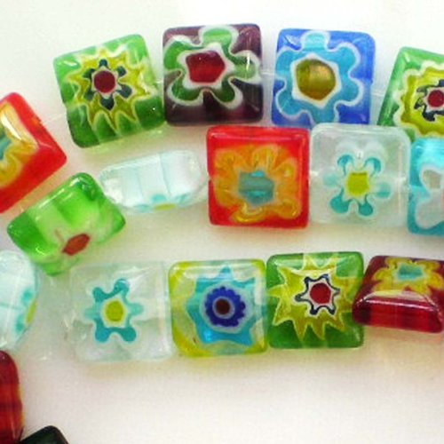 Beading Station 38pcs Square Millefiori Flower Lampwork Glass Beads 10mmx10mm