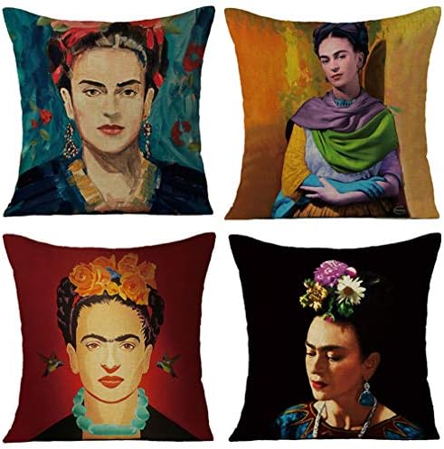 Joyi 4 Pack Frida Kahlo Self-Portrait Cotton Linen Throw Pillow Case Car Cushion Cover 18"x18",Pattern 22