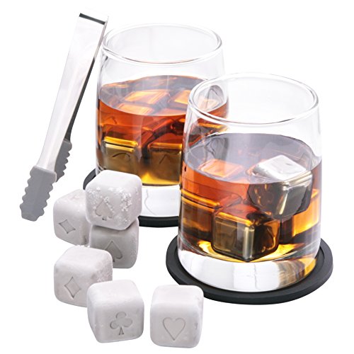 Black Jack Whiskey Stones - Premium Reusable Stainless Steel Beverage Chilling Cubes with Glasses & Tongs – Total Of 16 Cubes