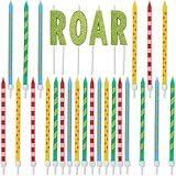 Dinosaur Roar Birthday Cake Candle Toppers with Thin Printed Candles (28 Pack)