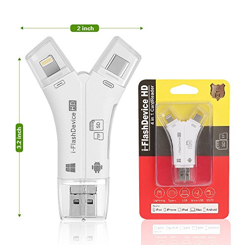 Card Reader, 4 in 1 i Flash Drive USB Micro SD &TF Card Reader Adapter for iPhone iPad IOS Android (White)