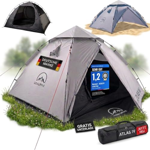 GOALPINE® Atlas IV Pop Up Tent for 2-4 Large People, 100% Waterproof, Set Up in 40 Seconds, 3-in-1 for Camping, Festival & Beach, Slightly Darkened Indoors