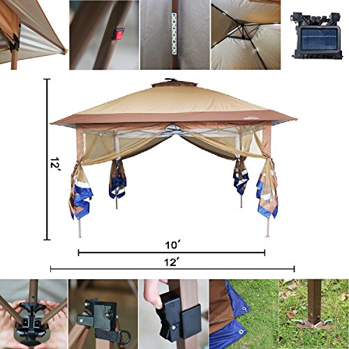 SunTime ST-1 Fully Enclosed Canopy Instant Popup Gazebo with Solar Powered LED Lights and Mesh Insect Screen, Portable
