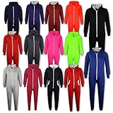 Kids Girls Boys Plain Color Fleece Hooded Onesie All in One Jumpsuit 5-13 Years