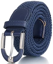 Marino Braided Stretch Belt - Fabric Woven Belt - Casual Weave Elastic Belt for Men and Women - PU Leather Loop and End Tip - Navy - S