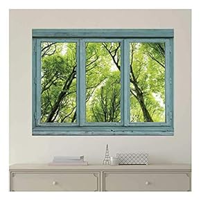 Vintage Teal Window Looking Out Into a Green Forest - Wall Mural, Removable Sticker, Home Decor - 24x32 inches