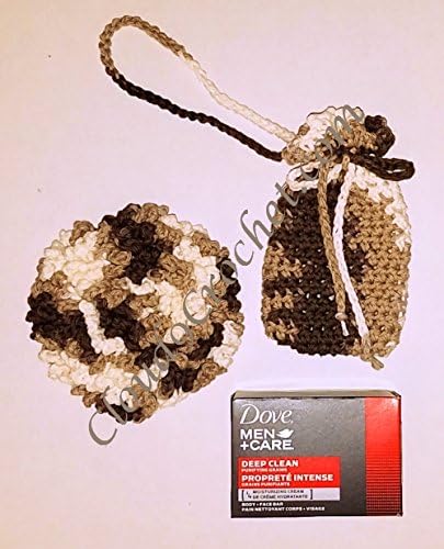 Chocolate Calico Invigorating yet gentle face and body nubby scrubby and soap holder with shower hanger. Hand crocheted 100% USA cotton. Includes Dove's Men Deep Cleaning Bar