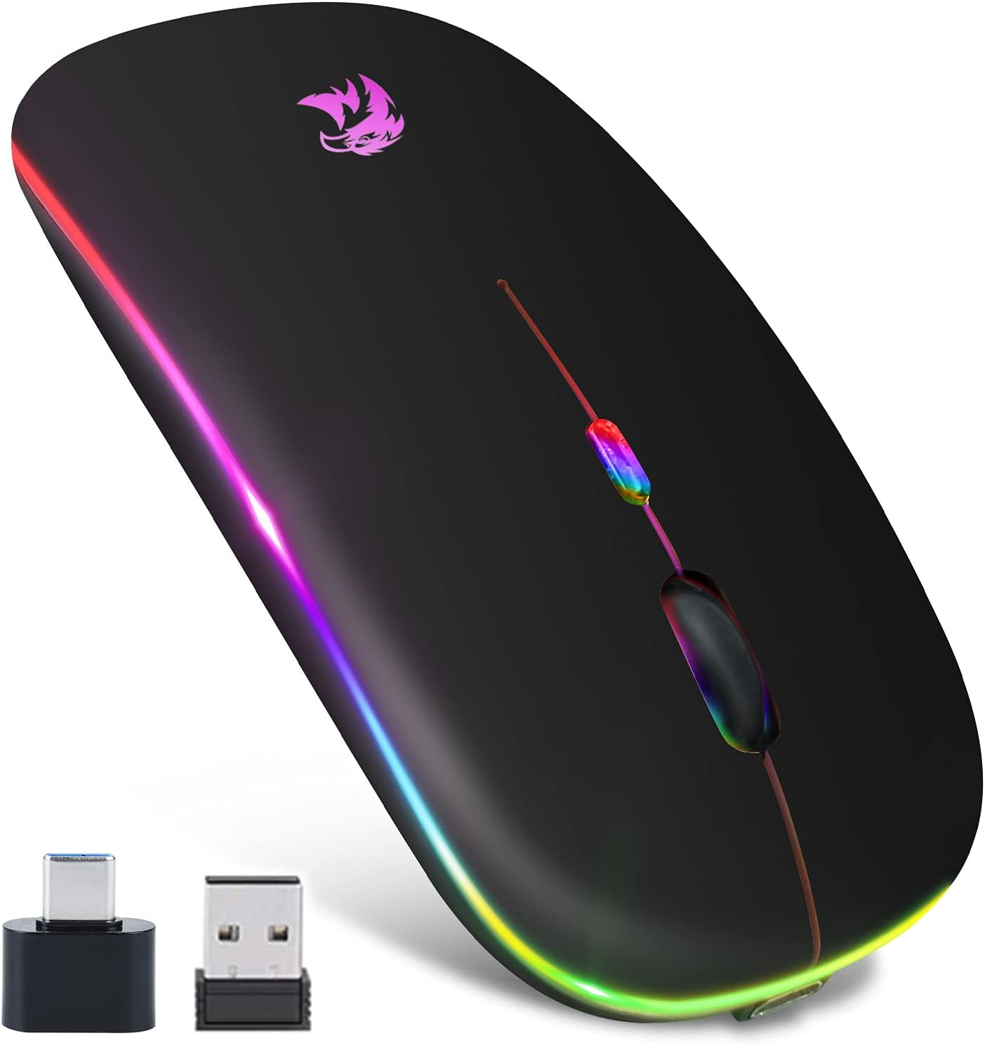 Led Wireless Mouse,Bluetooth 5.1 Mouse 2.4G Wireless,Rechargeable Portable Mobile Cordless Mouse with USB Receiver, Less Noise Rechargeable USB C Mouse Wireless for Laptop iPad Mac Book Tablet(Black)