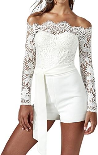Qixuan Women Off Shoulder Lace Patchwork Cutest Sexy Romper Jumpsuits Belted Shorts