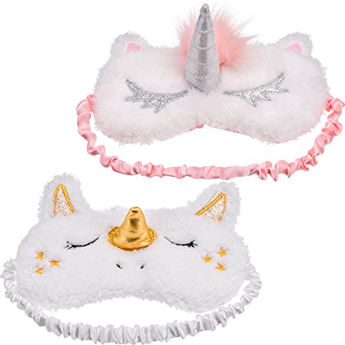 Maxdot 2 Pieces Unicorn Sleeping Mask Cute Unicorn Horn Plush Blindfold Eye Cover (Gold and Pink)