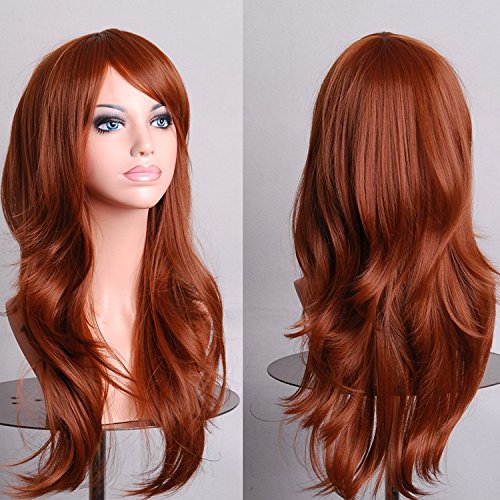 YEESHEDO Women's Auburn Cosplay Wig Long Wavy Curly Hair Ends with Bangs Wigs for Women Heat Resistant Synthetic Wig for Party Costume Anime Halloween (Copper red)28" 70 cm