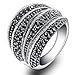Mytys Vintage Fashion Silver Rings Retro Black Marcasite Cluster Cocktail Big Ring Wide Bands for Women